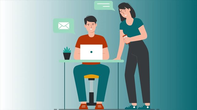 Professional cartoon illustration of a young man and woman collaborating on a modern office computer project