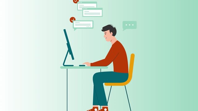 Cartoon animation of a man sitting at a desk and working on a computer screen