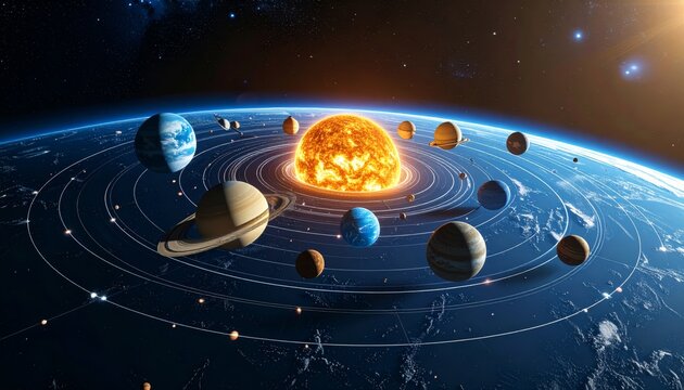 Luminous Solar System with Planets Aligned in Glowing Orbits Above a Celestial Body