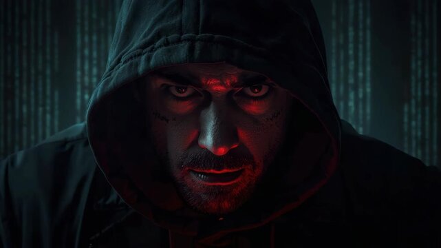 Eerie hooded man intense stare red lighting teal background ominous mood low key
