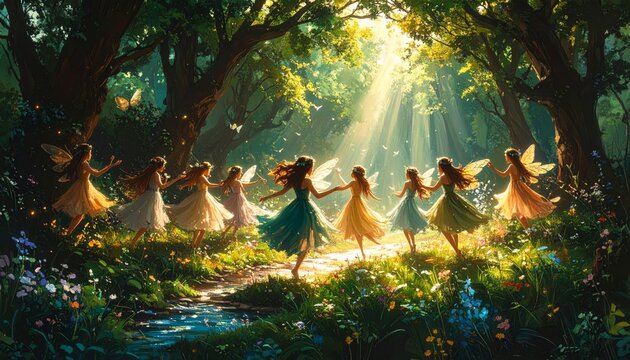 Ethereal Fairies in a Joyful Circle Dance, Bathed in Golden Forest Sunbeams.