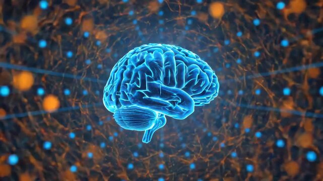 Glowing blue brain hologram amid neural network with synapse lights, neon cortex and cerebellum