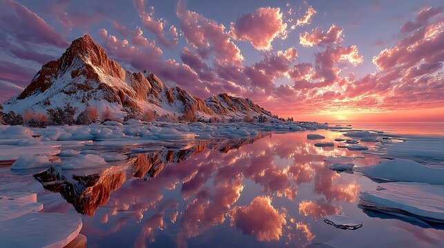 Majestic frozen mountains sunset reflection cinematic scenery high resolution picture