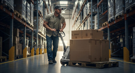 Fototapeta premium A diligent worker, embodying dedication, efficiently transports goods with a pallet jack in a vast, organized warehouse, highlighting essential industrial logistics and valuable service
