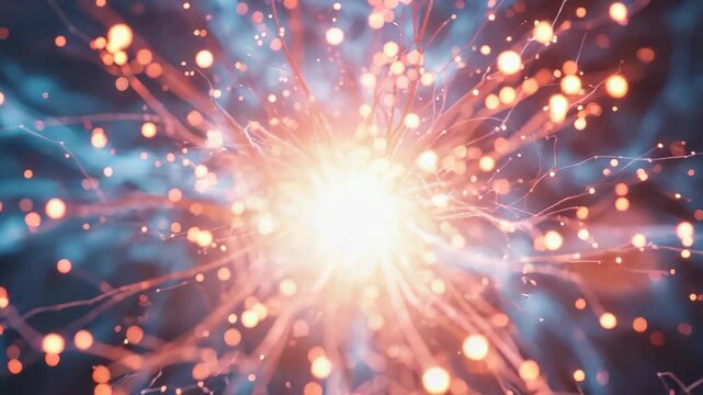 Radiant neural network visualization glowing synapse connection particle glow vibrant blue orange