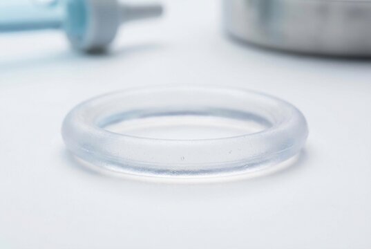 Vaginal contraceptive ring on a white surface. Hormone barrier for birth control and pregnancy prevention. Reproductive health and medical contraception method in a clinical setting.