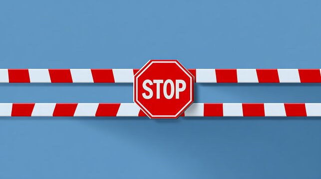 Red Stop Sign and Warning Barrier Stripes on Blue Background for Restriction, Prohibition, and Safety Concept Graphic