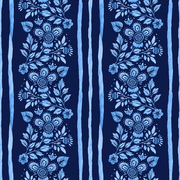 Watercolor Seamless Pattern Folk Floral Botanical Garland Stripe Vertical Blue Navy Indigo Elegant