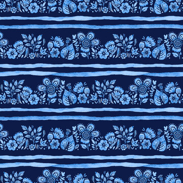 Watercolor Folk Seamless Pattern Floral Border Stripe Horizontal Blue Navy Botanical Embroidery Ethnic