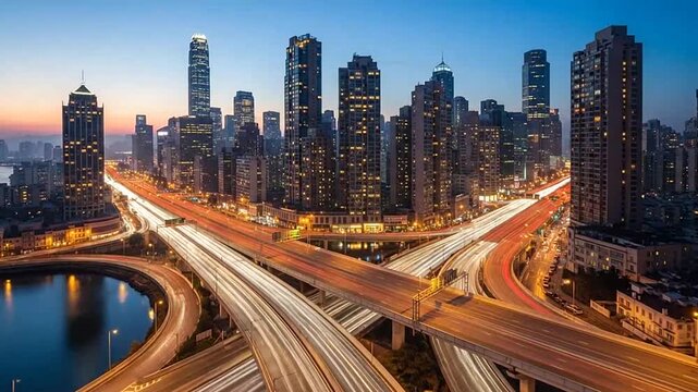 City skyline and highway interchange with light trails at dusk
