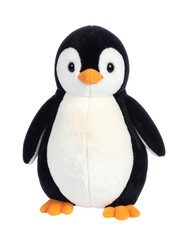 Adorable plush emperor penguin stuffed animal toy featuring soft black and white fur with bright orange feet and beak 