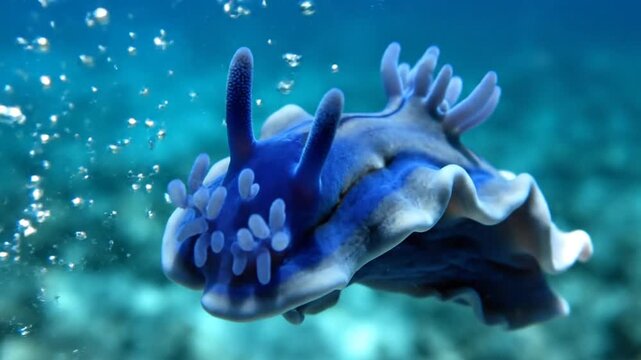 Vibrant blue nudibranch sea slug gracefully swims underwater amidst coral reef.