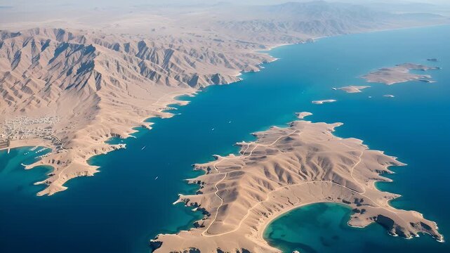 Aerial view of a remote tropical island archipelago featuring rugged mountain terrain surrounded by deep blue ocean waters under a clear sunny sky on a bright summer day