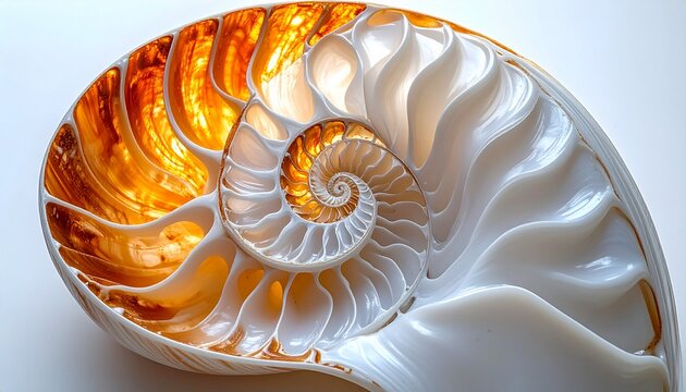 Illuminated Nautilus Shell Cross-Section Revealing Golden Spiral Chambers on White
