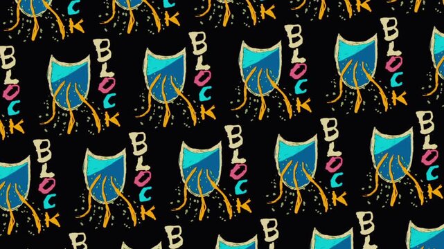Dynamic rotating cybersecurity shield pattern, hand-drawn neon BLOCK text, swirling defensive firewall animation on black background