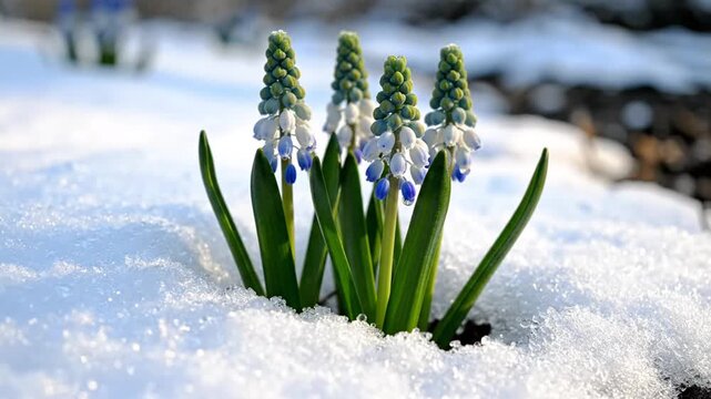Grape Hyacinth Flowers Emerging Through Spring Snow.