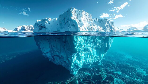 Tabular Iceberg Split View Revealing Turquoise Underwater Mass with Coral Ocean Floor