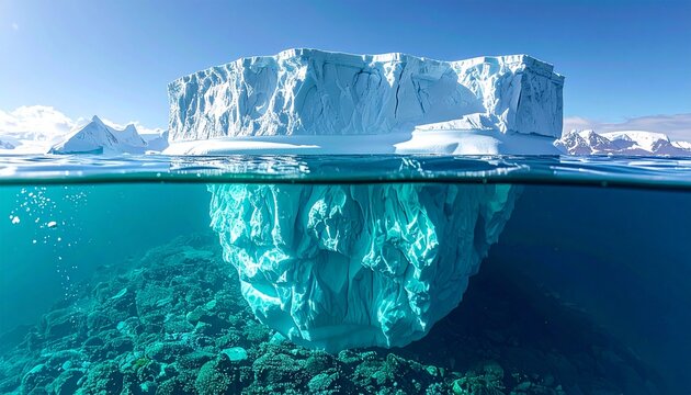 Symmetrical Tabular Iceberg Cross-Section Showing Massive Blue Underwater Structure