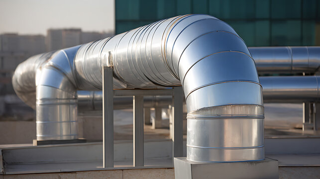 Industrial rooftop metallic ventilation system with large insulated pipes and ducts, showcasing modern HVAC infrastructure against a blurred city skyline background
