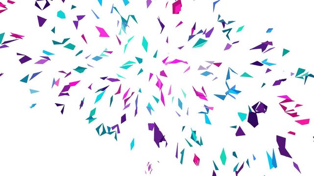 Vibrant abstract pattern of colorful geometric shards bursting outwards on a clean white backdrop, creating a dynamic and festive graphic design element