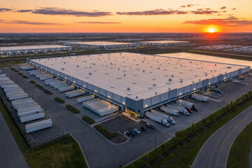 Fototapeta premium Modern distribution center at sunset with numerous trucks at loading docks. High-angle view showcasing busy logistics hub and vast industrial complex operations.