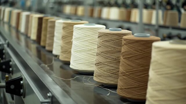 Spools of Beige Yarns on Conveyor Belt at Textile Factory Industrial Setting in a Row Production