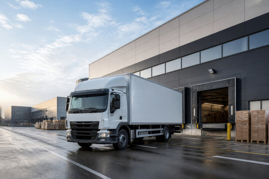 A modern white delivery truck is parked at a large industrial warehouse loading dock. Pallets of goods wait nearby, ready for efficient global logistics and distribution operations.