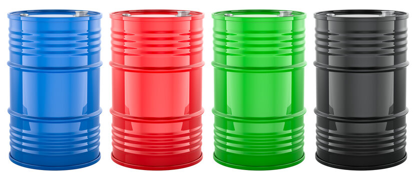 Colored metal barrels in blue, red, green and black colored. 3D rendering