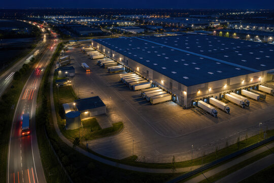 Aerial night view of a sprawling logistics center with numerous trucks parked at loading docks, and busy highway light trails. Represents global trade, supply chain, and modern transportation.