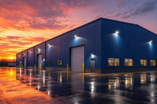 Modern blue industrial warehouse building illuminated at dramatic sunset. The facility stands on wet ground reflecting the vibrant orange and purple sky.