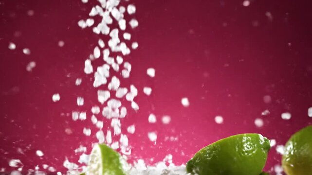 Sliced limes and sea salt crystals falling against magenta background