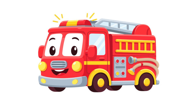 Cute Cartoon Fire Truck Character with Smiling Face and Flashing Lights