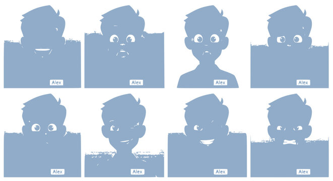 Cartoon Boy Character Emotions Set: Happy, Sad, Surprised, Scared Faces