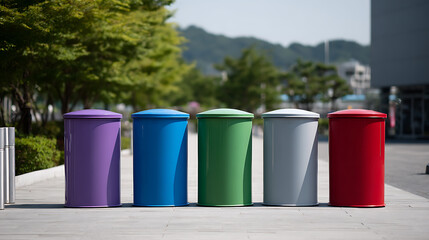 Obraz premium Vibrant Row of Colorful Recycling Bins in an Urban Park, Promoting Environmental Responsibility and Waste Sorting on a Sunny Day Outdoor
