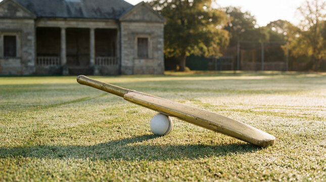 Golden cricket bat resting elegantly on a crisp white cricket ball, field scene captured