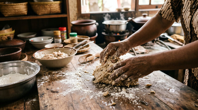 Authentic pempek preparation process with realistic culinary details for educational content, food documentaries, cultural campaigns, and traditional cooking promotions.