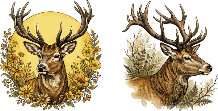 Realistic Deer Head Illustration Collection with Floral Elements and Autumn Leaves Detailed Stag Portrait Vector Art for Nature Wildlife Designs