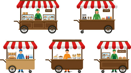Street Food Cart Vendor Illustration Set with Mobile Market Stall Bakery Coffee and Snack Seller Small Business Vector Collection © Borsha