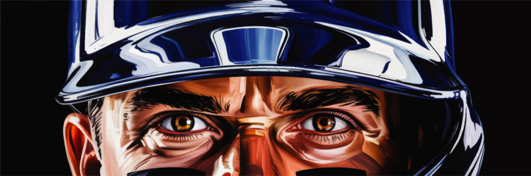 Intense close up of focused baseball catcher eyes in helmet, detailed sports illustration on dark background, competitive game concept