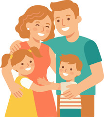 Obraz premium Joyful illustration of a loving family embracing together, depicting happiness and unity in a modern cartoon style with a cheerful vibe, perfect for themes of connection and warmth