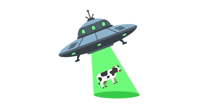 Alien spaceship abducting cow with green tractor beam vector illustration