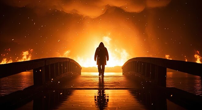 A lone figure stands on a bridge towards a burning cityscape at night.