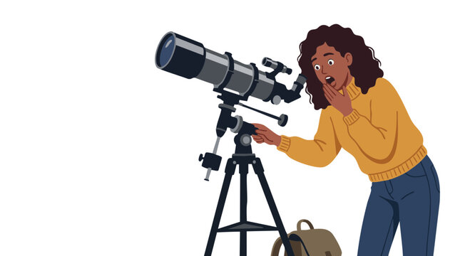 Shocked woman astronomer with telescope making incredible discovery