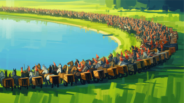 Fantasy cavalry army marching around blue lake, stylized medieval horse caravan illustration, vibrant green landscape concept art