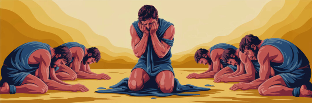 Biblical men kneeling in desert prayer, emotional repentance and worship illustration, dramatic religious vector artwork