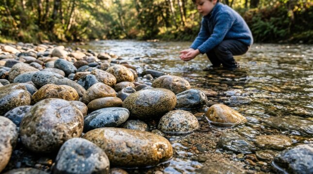Boy playing in a shallow river with colorful stones and pebbles.