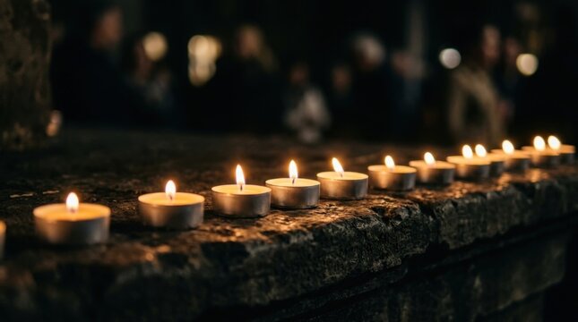 Candlelight vigil with many lit candles in the dark, peaceful atmosphere.