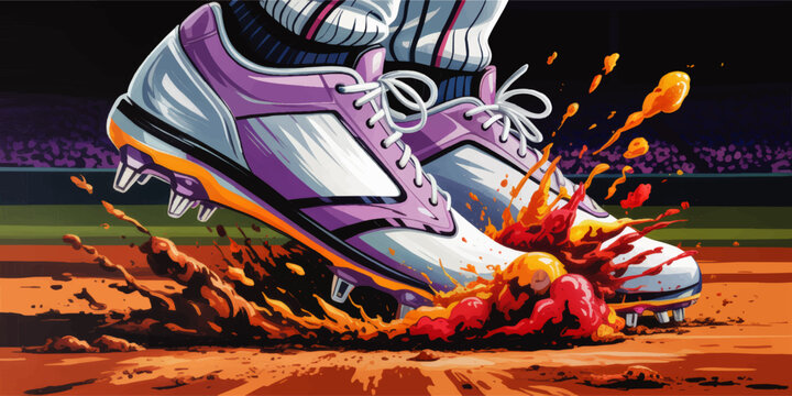 Dynamic baseball cleats crushing tomato on infield dirt, colorful sports illustration with splashing sauce and stadium background