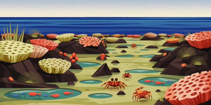 Colorful rocky tide pool landscape with crabs, coral reef life and shallow coastal ocean water, flat cartoon marine illustration