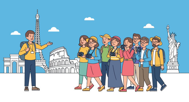Happy tourists on a guided city tour with famous landmarks in the background